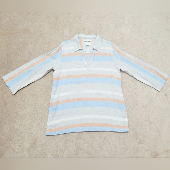 Cynthia Rowley Women's 100% Linen Tunic Top Medium M Striped 3/4 Sleeve Button - Picture 1 of 11